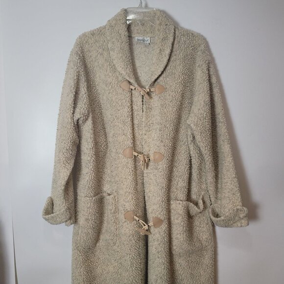 Coldwater Creek Oatmeal Fuzzy Long Teddy Jacket Coat Duster Cardigan w/Toggles - Picture 4 of 10